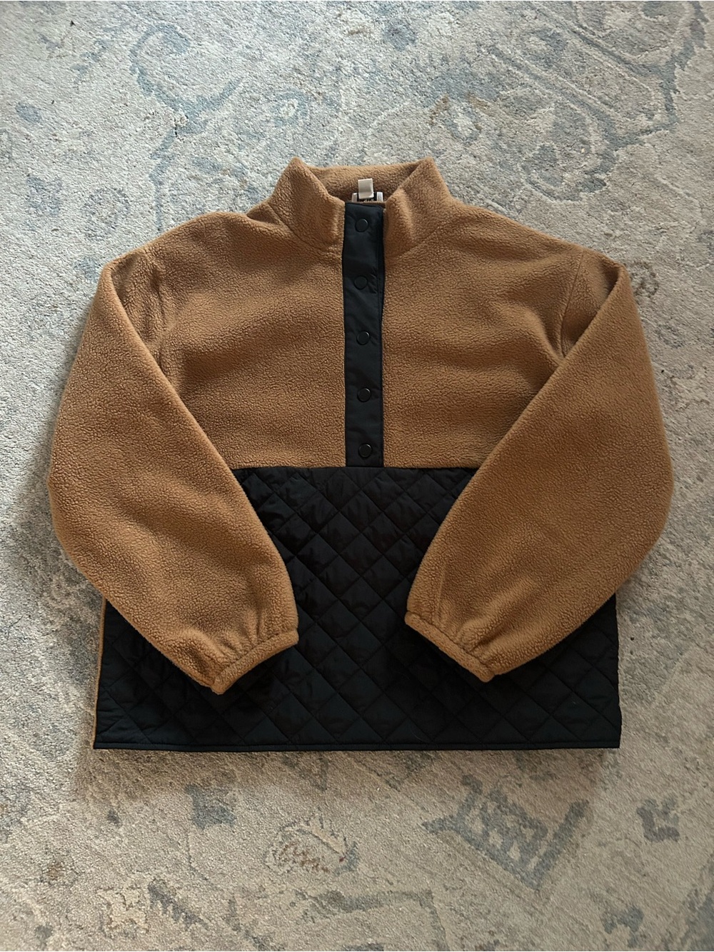 JCrew Factory Quilted Sherpa Half Zip Pullover - Camel & Black M